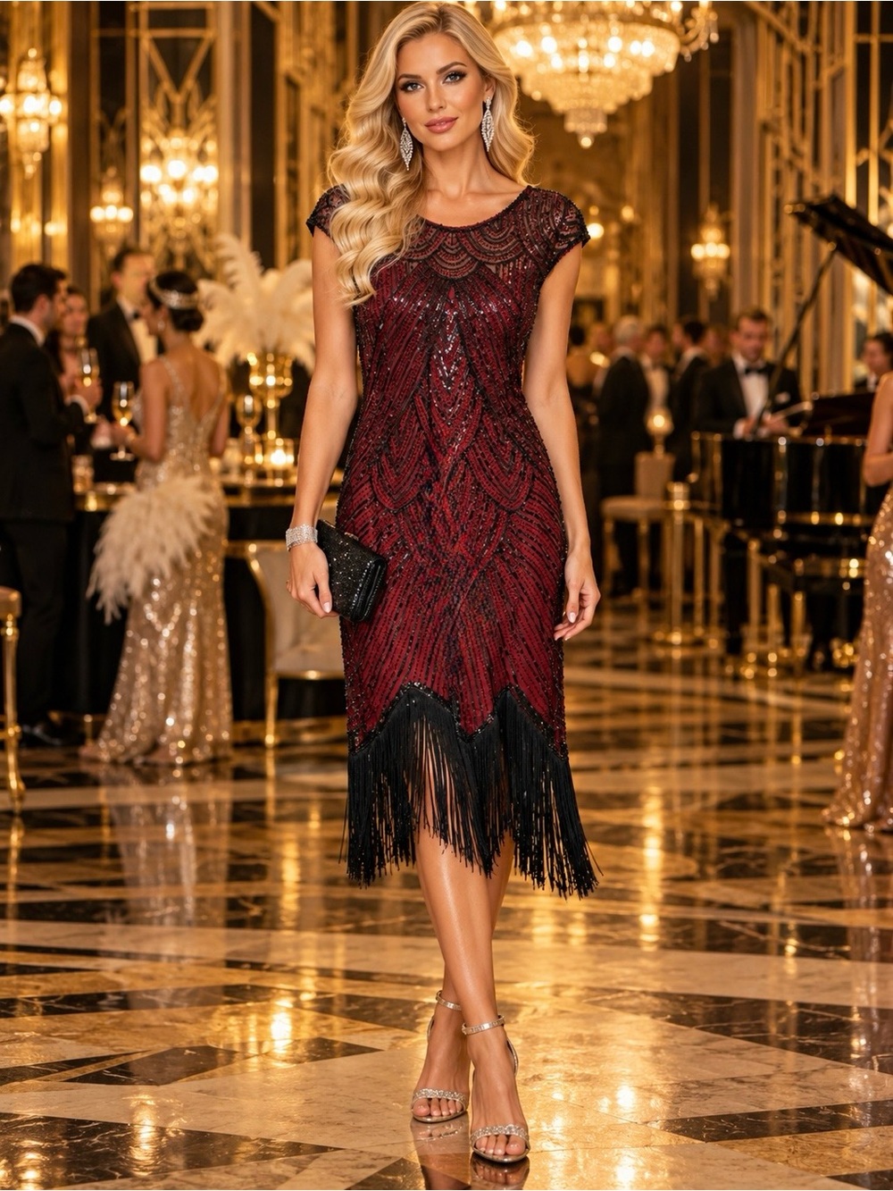 Elegant Beaded Fringe Cocktail Dress - Burgundy/Black size XXXL